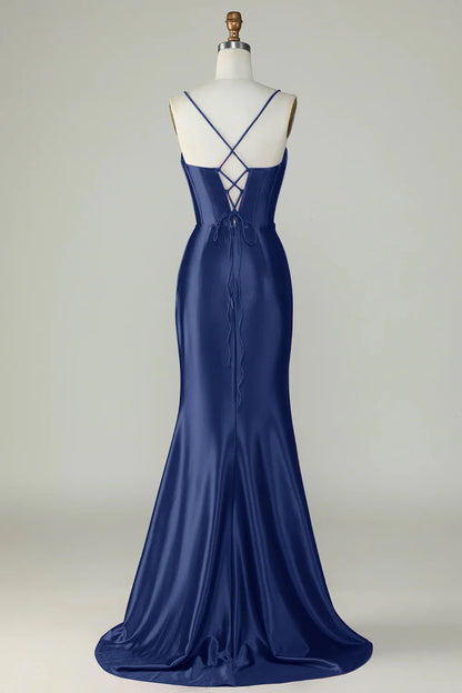 Amzcw Navy Mermaid Spaghetti Straps Long Prom Dress With Slit prom dresses shops