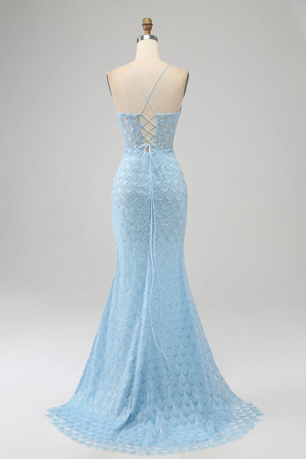Amzcw Glitter Sky Blue Mermaid Spaghetti Straps Long Prom Dress with Slit prom dresses shops