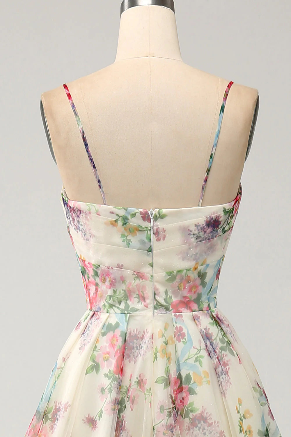 Amzcw Ivory A-Line Spaghetti Straps Flower Printed Prom Dress with Slit