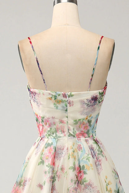 Amzcw Ivory A-Line Spaghetti Straps Flower Printed Prom Dress with Slit
