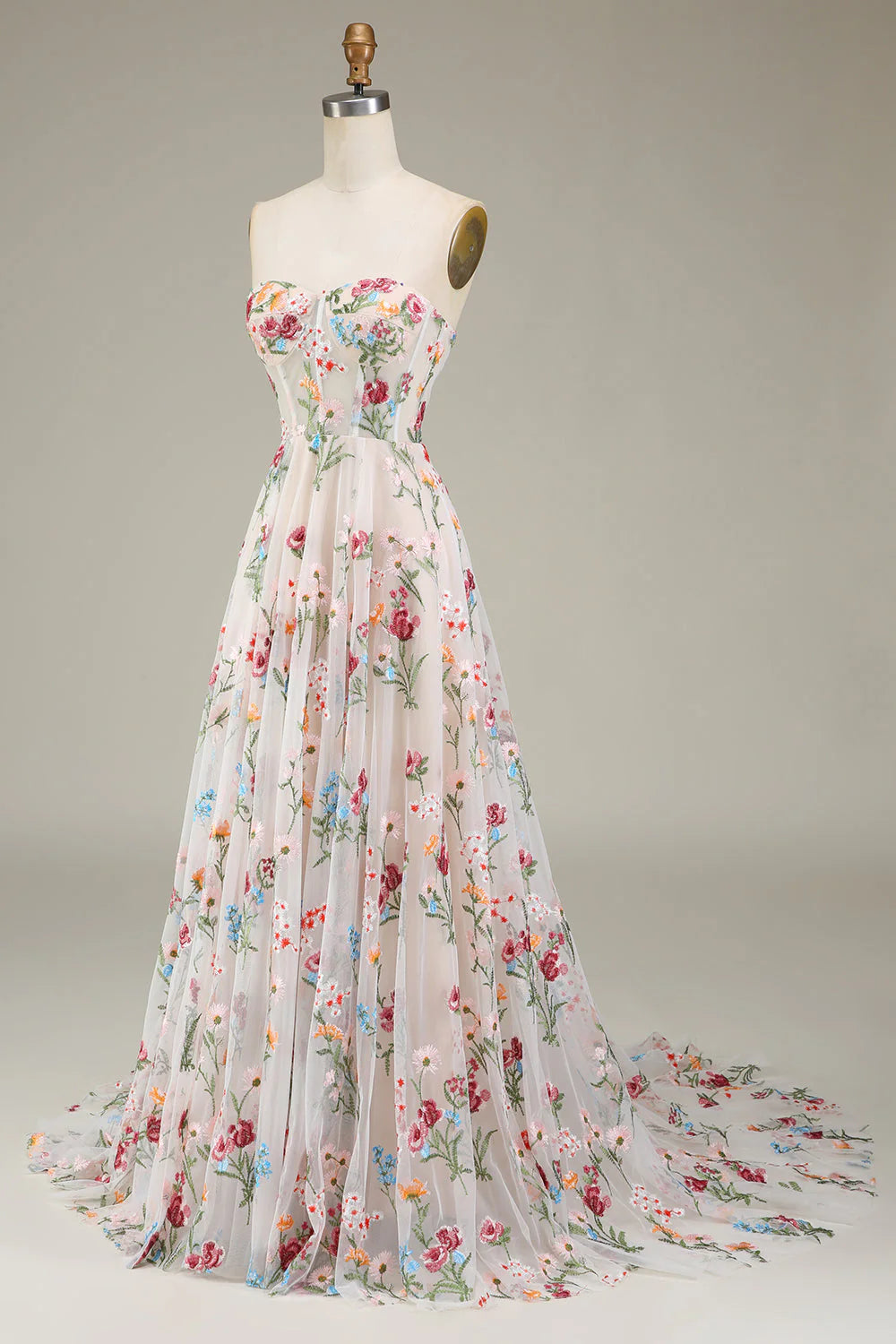 Amzcw Ivory A-Line Sweetheart Corset Long Prom Dress With Flower