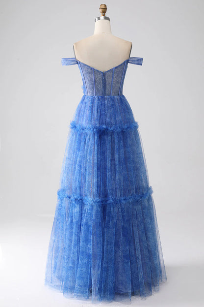 Amzcw Blue Printed A Line Tulle Corset Long Prom Dress With Appliques long sleeve long dresses prom