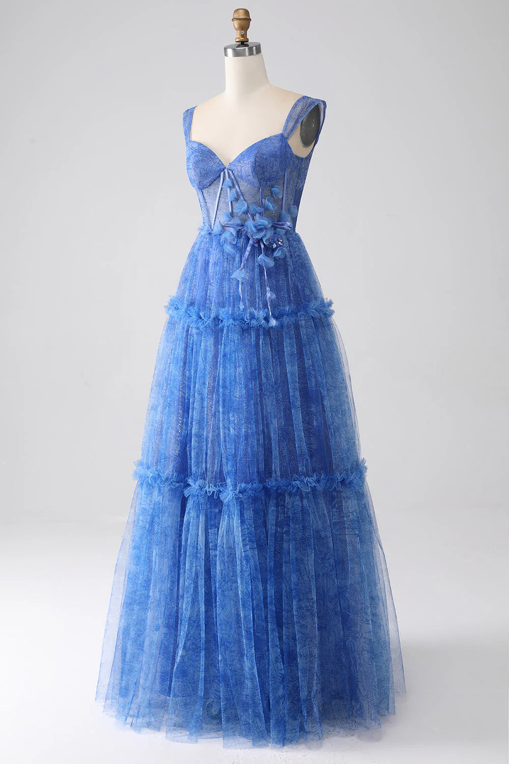 Amzcw Blue Printed A Line Tulle Corset Long Prom Dress With Appliques long sleeve long dresses prom