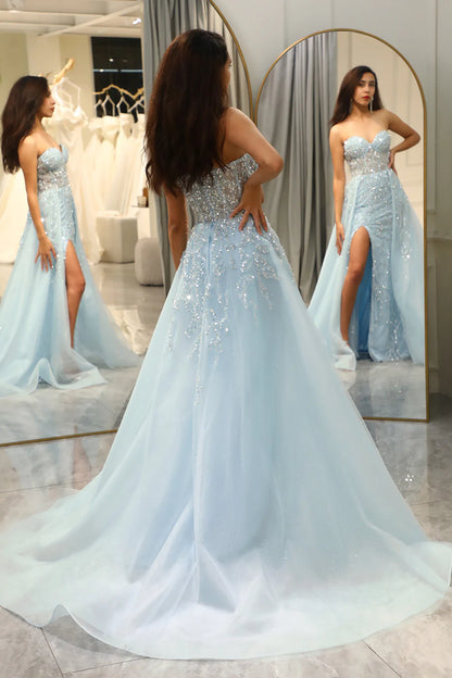 Amzcw Glitter Light Blue Long Corset Beaded Prom Dress With Slit prom dresses with long sleeves