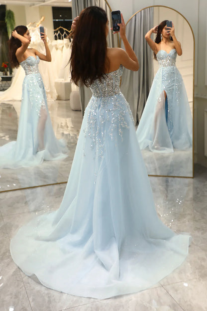 Amzcw Glitter Light Blue Long Corset Beaded Prom Dress With Slit prom dresses with long sleeves