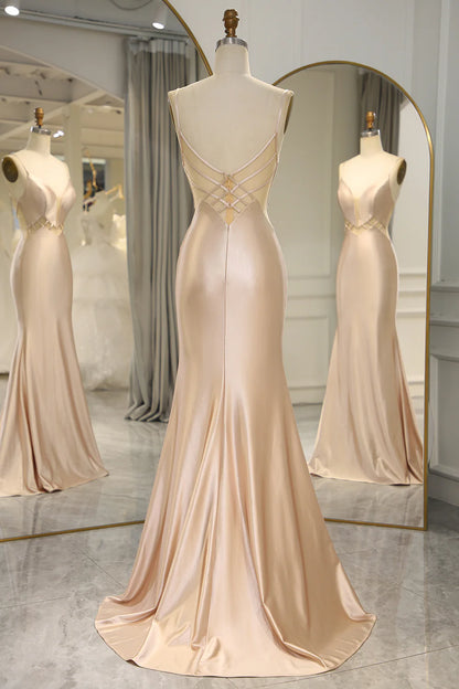 Amzcw Champagne Mermaid Spaghetti Straps Backless Long Prom Dress prom dresses with long sleeves