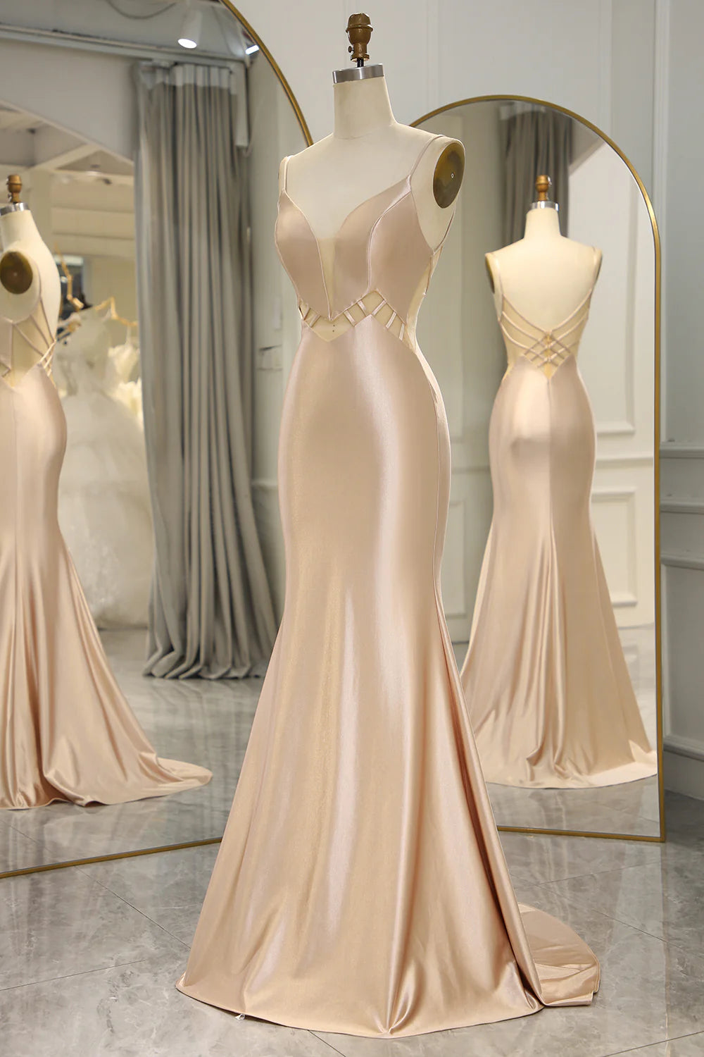 Amzcw Champagne Mermaid Spaghetti Straps Backless Long Prom Dress prom dresses with long sleeves