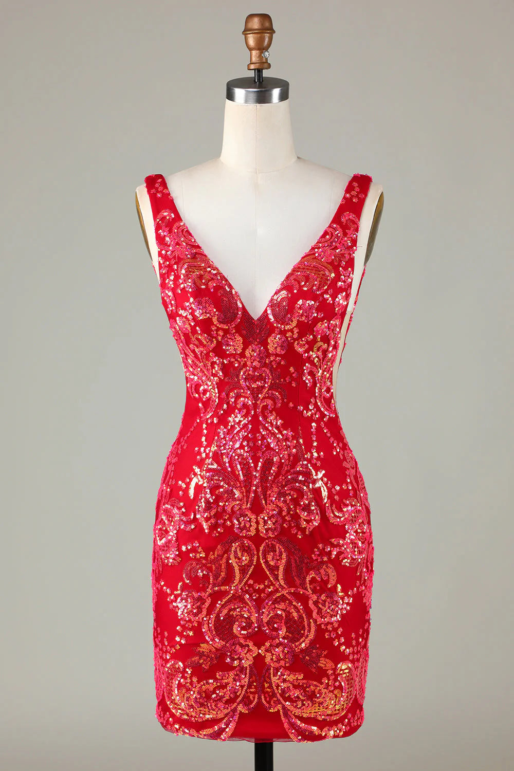 Amzcw Classy Red V Neck Backless Sparkly Sequin Tight Homecoming Dress