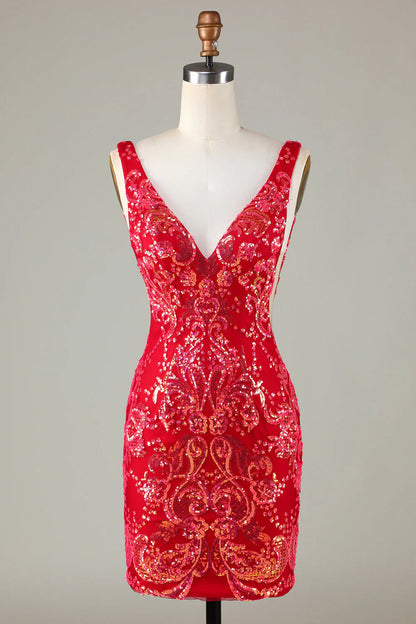 Amzcw Classy Red V Neck Backless Sparkly Sequin Tight Homecoming Dress