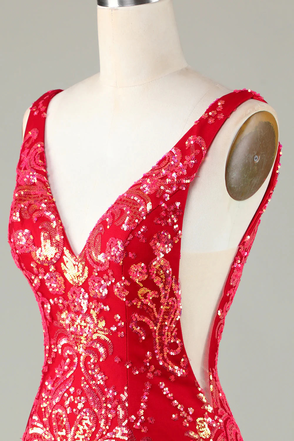 Amzcw Classy Red V Neck Backless Sparkly Sequin Tight Homecoming Dress