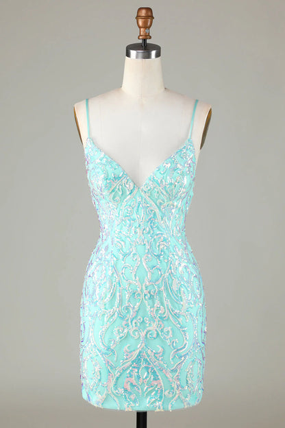 Amzcw Sparkly Tight Spaghetti Straps Green Homecoming Dress with Backless