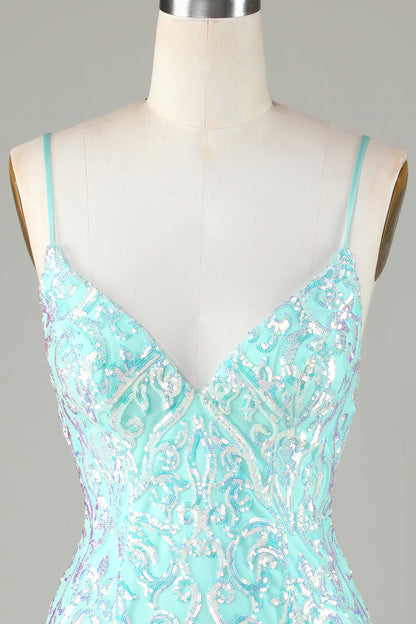 Amzcw Sparkly Tight Spaghetti Straps Green Homecoming Dress with Backless