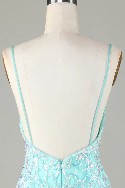Amzcw Sparkly Tight Spaghetti Straps Green Homecoming Dress with Backless