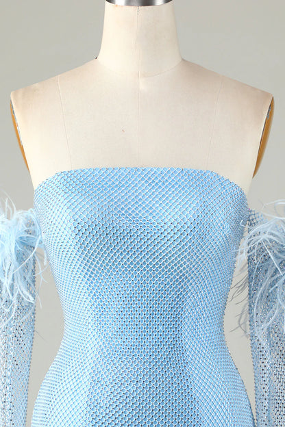 Amzcw Blue Tight Beaded Short Homecoming Dress With Detachable Sleeves