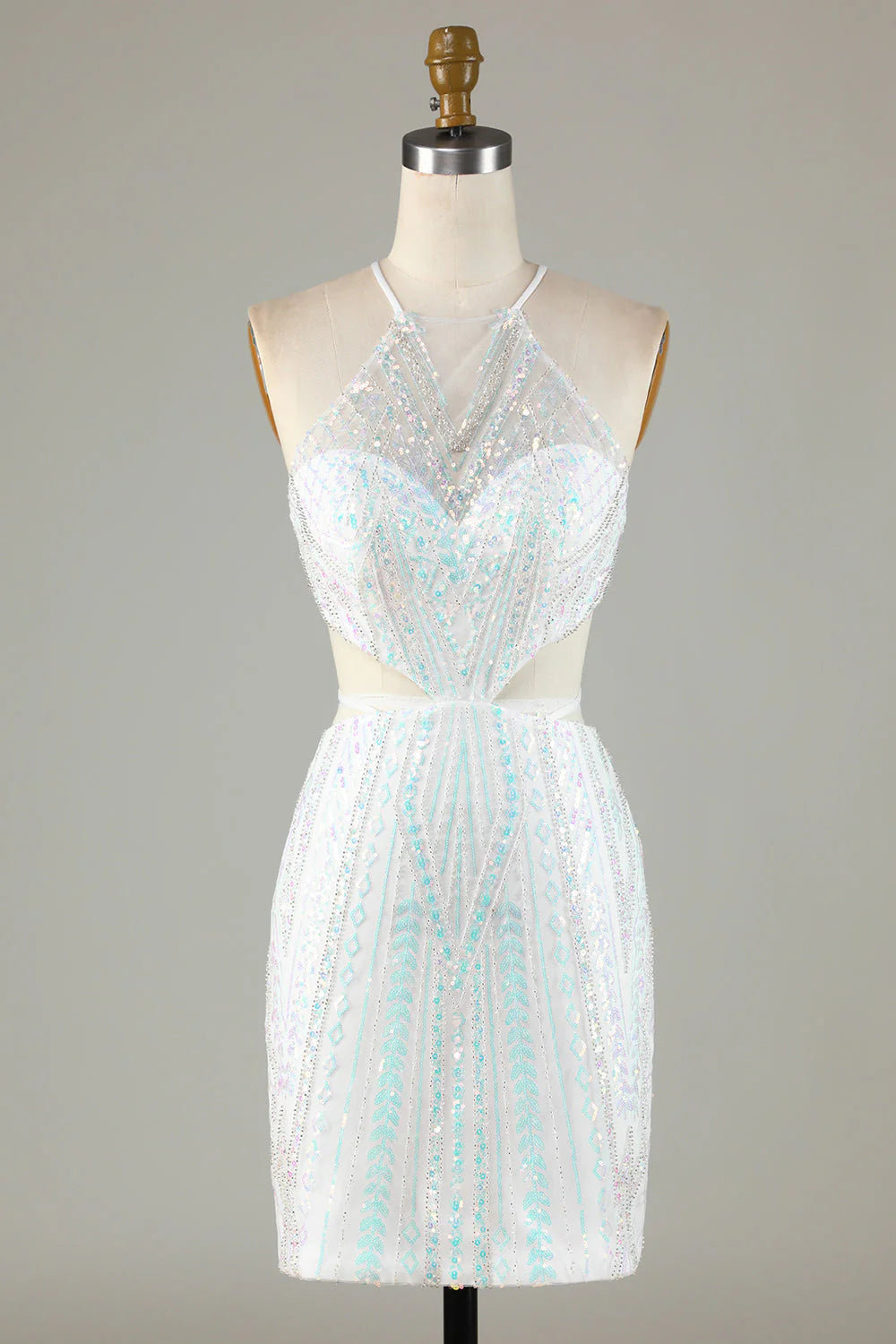 Amzcw White Sequins Halter Tight Homecoming Dress with Lace-up Back