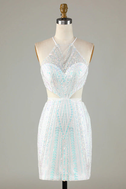 Amzcw White Sequins Halter Tight Homecoming Dress with Lace-up Back