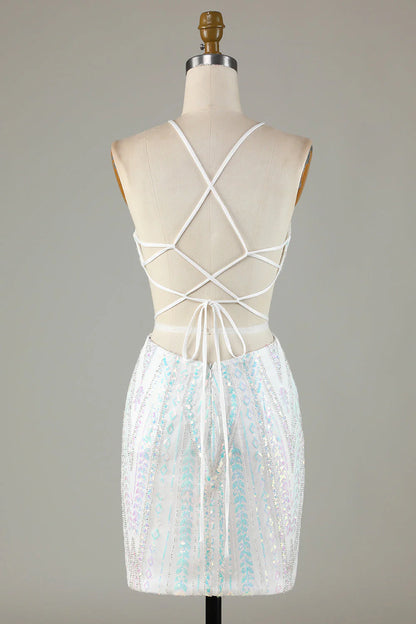Amzcw White Sequins Halter Tight Homecoming Dress with Lace-up Back