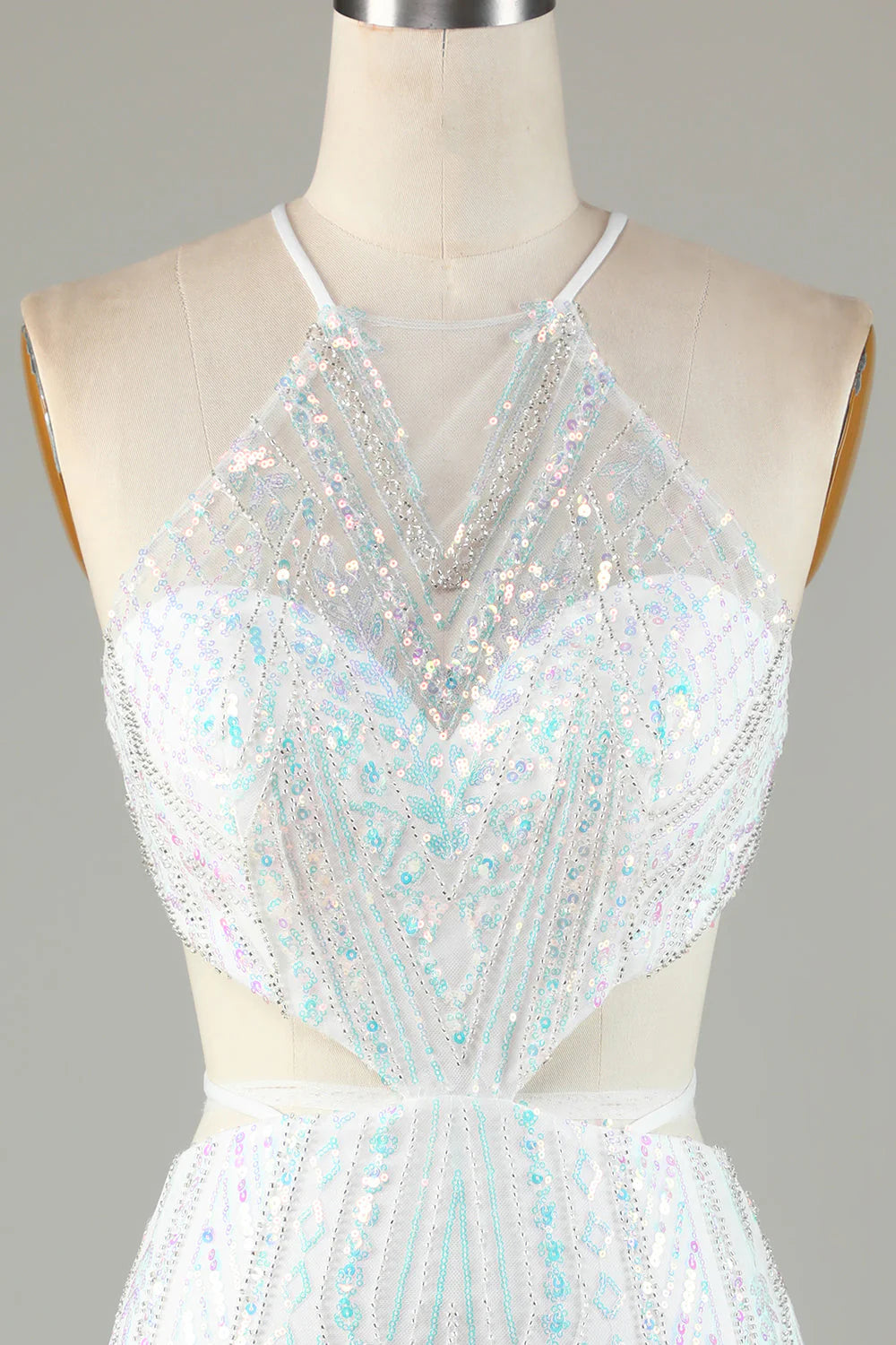 Amzcw White Sequins Halter Tight Homecoming Dress with Lace-up Back