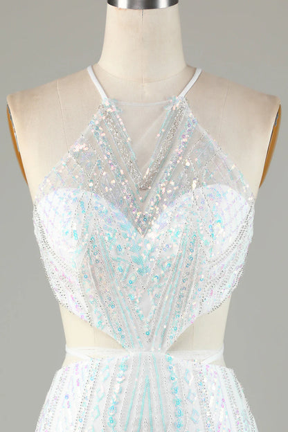 Amzcw White Sequins Halter Tight Homecoming Dress with Lace-up Back