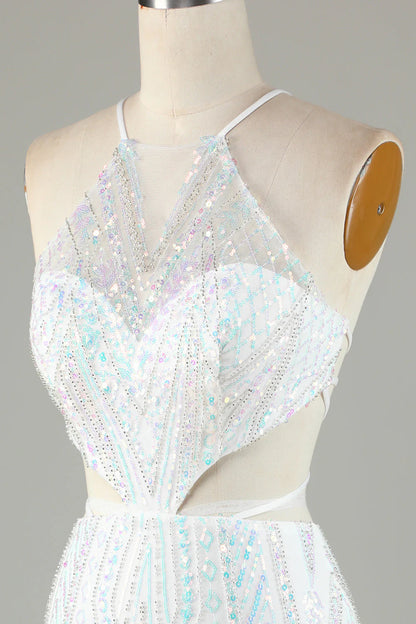 Amzcw White Sequins Halter Tight Homecoming Dress with Lace-up Back