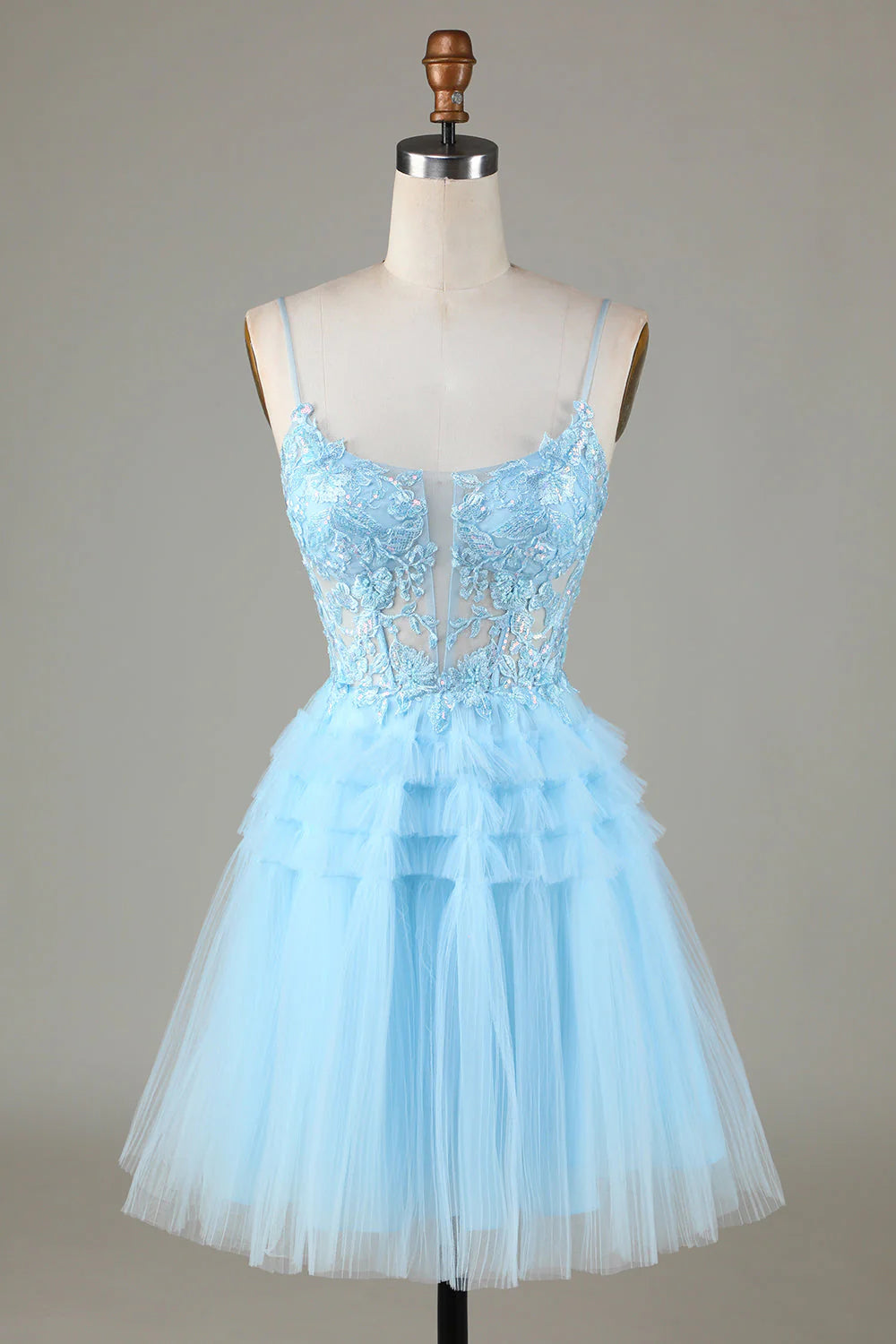 Amzcw Cute A Line Spaghetti Straps Glitter Blue Short Homecoming Dress with Appliques