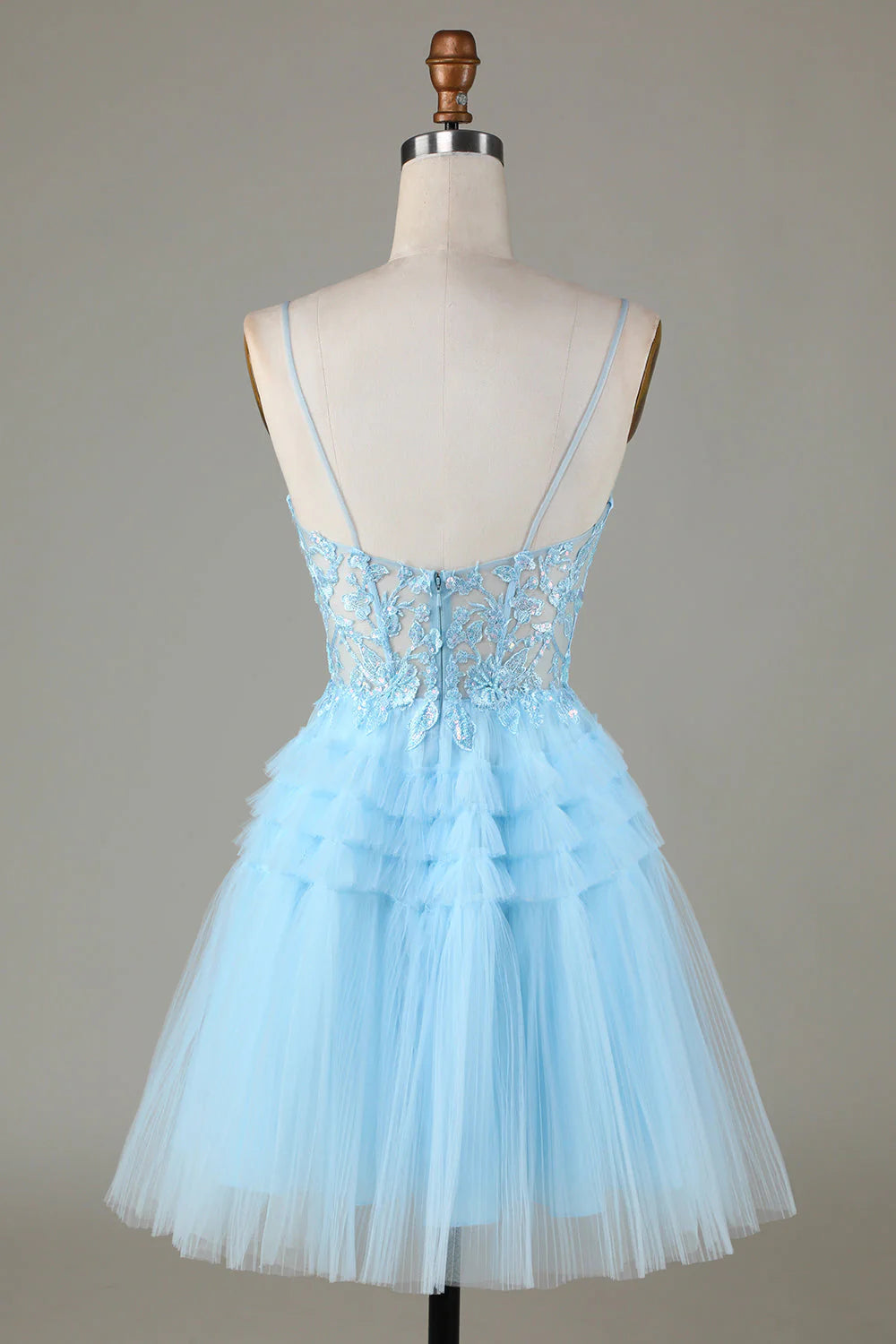 Amzcw Cute A Line Spaghetti Straps Glitter Blue Short Homecoming Dress with Appliques