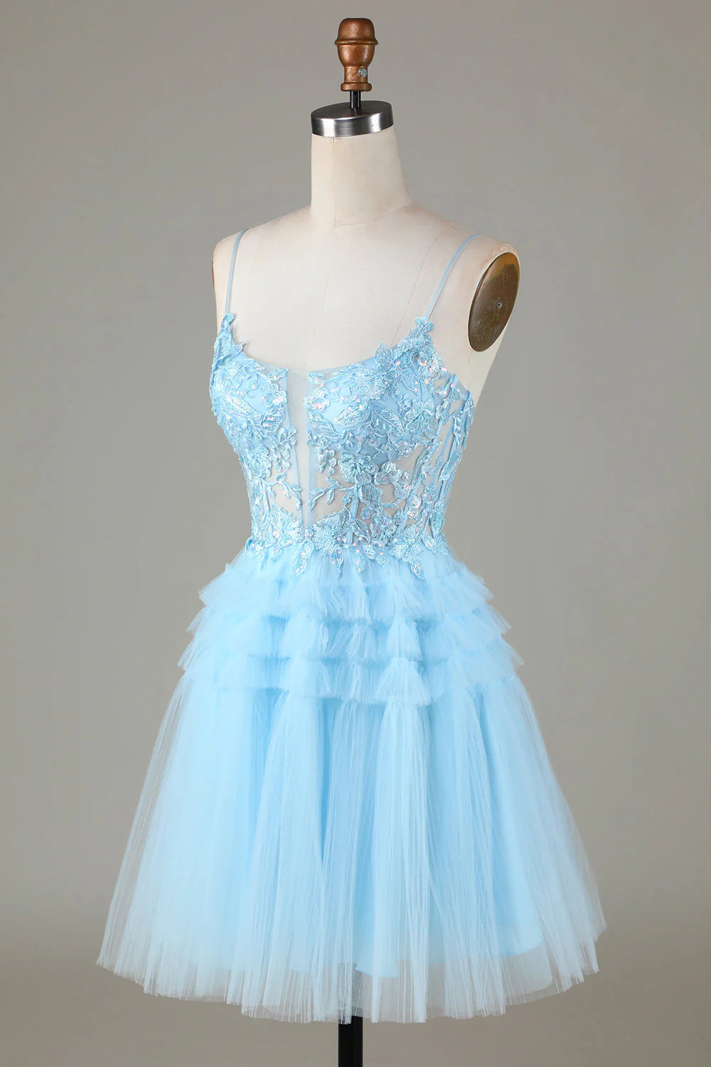 Amzcw Cute A Line Spaghetti Straps Glitter Blue Short Homecoming Dress with Appliques