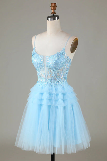 Amzcw Cute A Line Spaghetti Straps Glitter Blue Short Homecoming Dress with Appliques