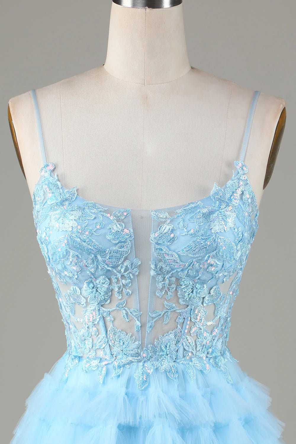 Amzcw Cute A Line Spaghetti Straps Glitter Blue Short Homecoming Dress with Appliques