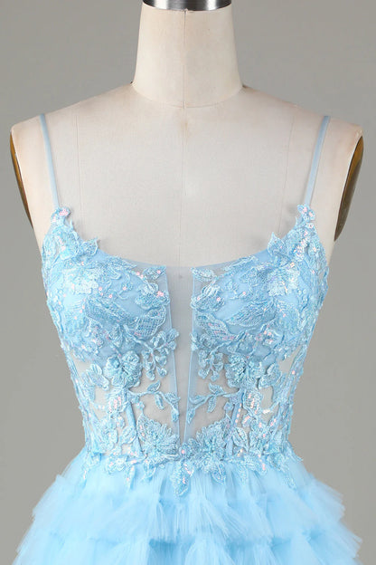 Amzcw Cute A Line Spaghetti Straps Glitter Blue Short Homecoming Dress with Appliques