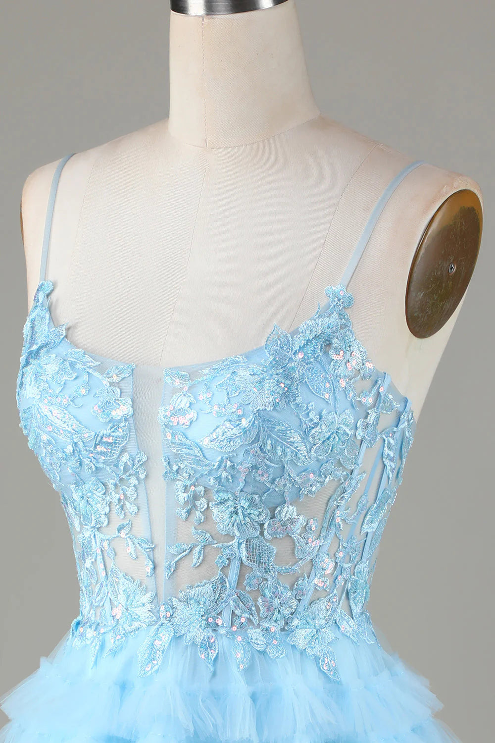 Amzcw Cute A Line Spaghetti Straps Glitter Blue Short Homecoming Dress with Appliques