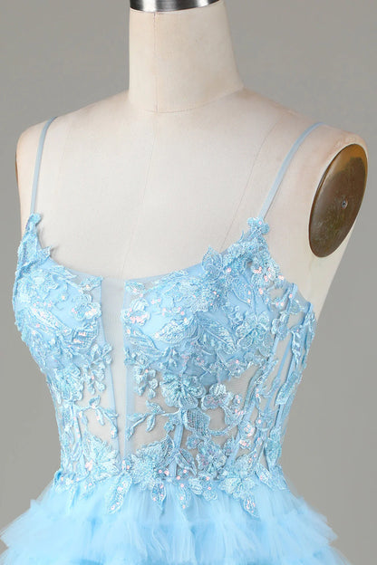 Amzcw Cute A Line Spaghetti Straps Glitter Blue Short Homecoming Dress with Appliques