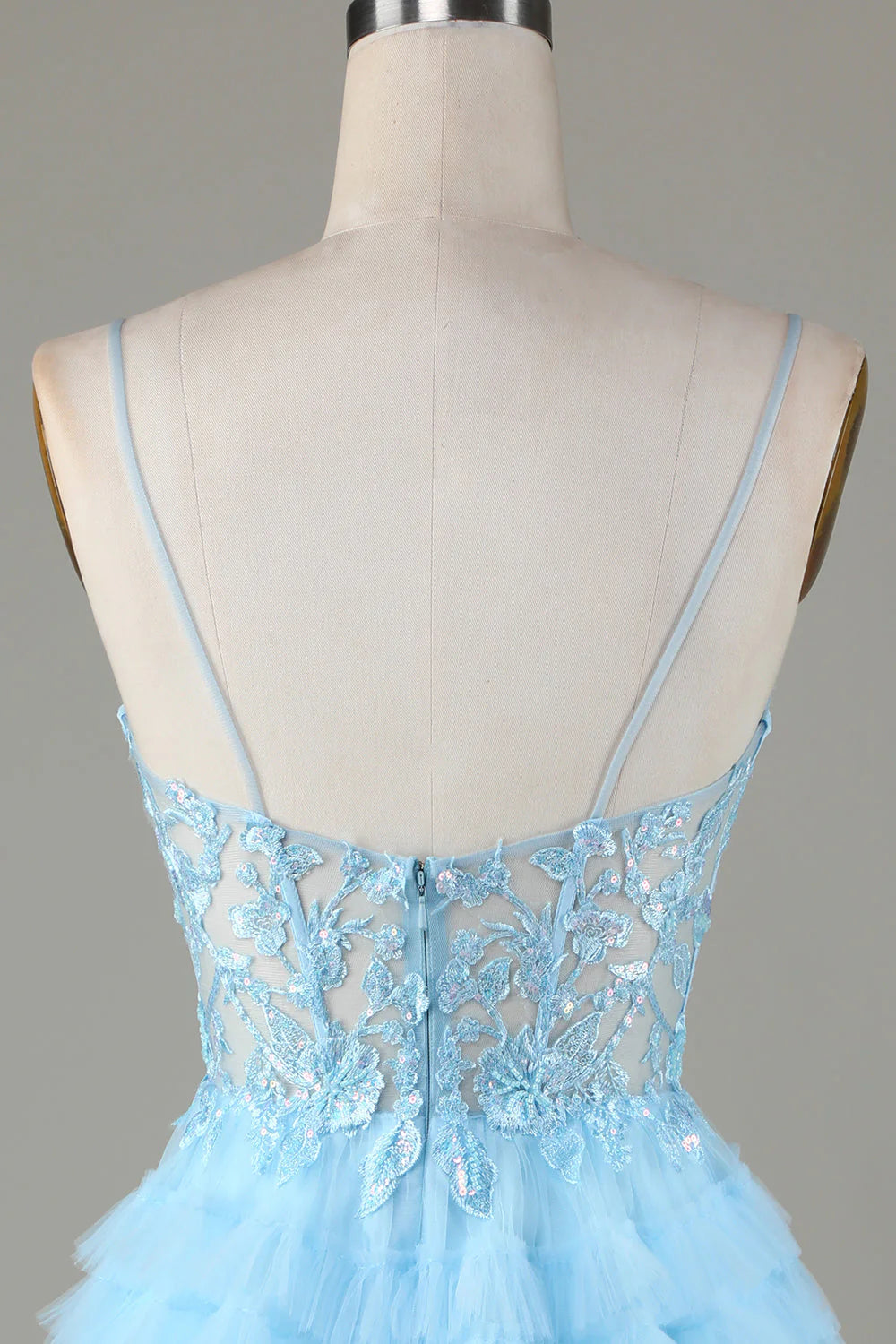 Amzcw Cute A Line Spaghetti Straps Glitter Blue Short Homecoming Dress with Appliques