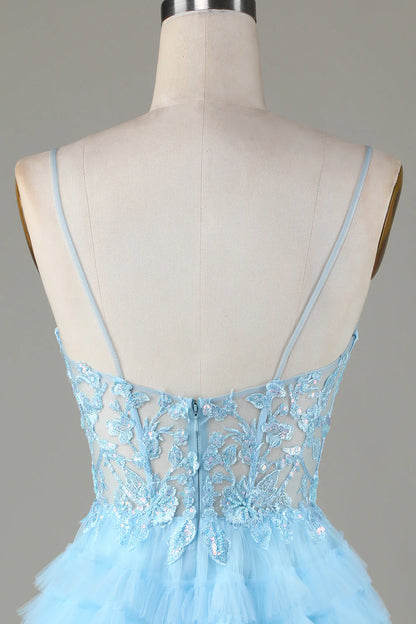 Amzcw Cute A Line Spaghetti Straps Glitter Blue Short Homecoming Dress with Appliques