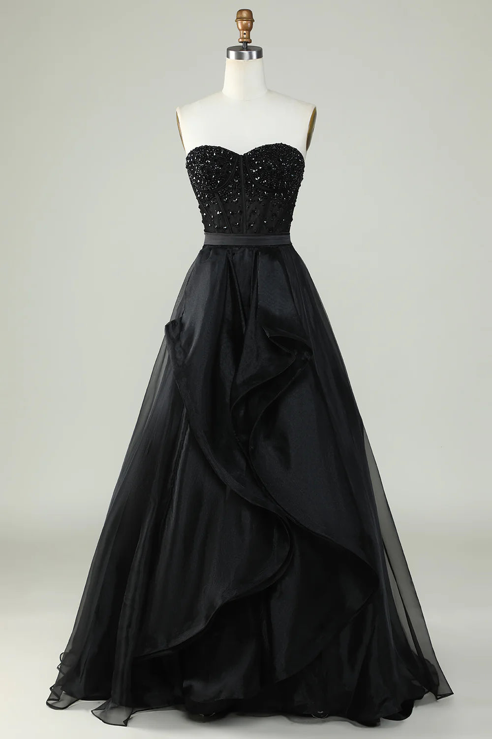 Vestido de noche formal Amzcw de princesa, corte en A, escote corazón, negro, sin tirantes 