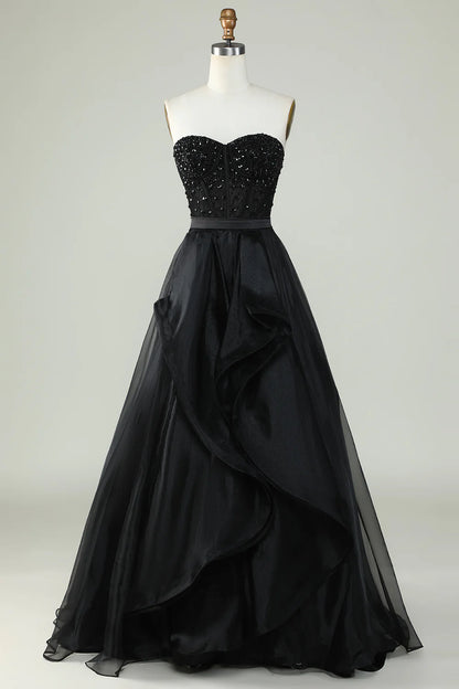 Vestido de noche formal Amzcw de princesa, corte en A, escote corazón, negro, sin tirantes 