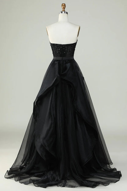 Vestido de noche formal Amzcw de princesa, corte en A, escote corazón, negro, sin tirantes 