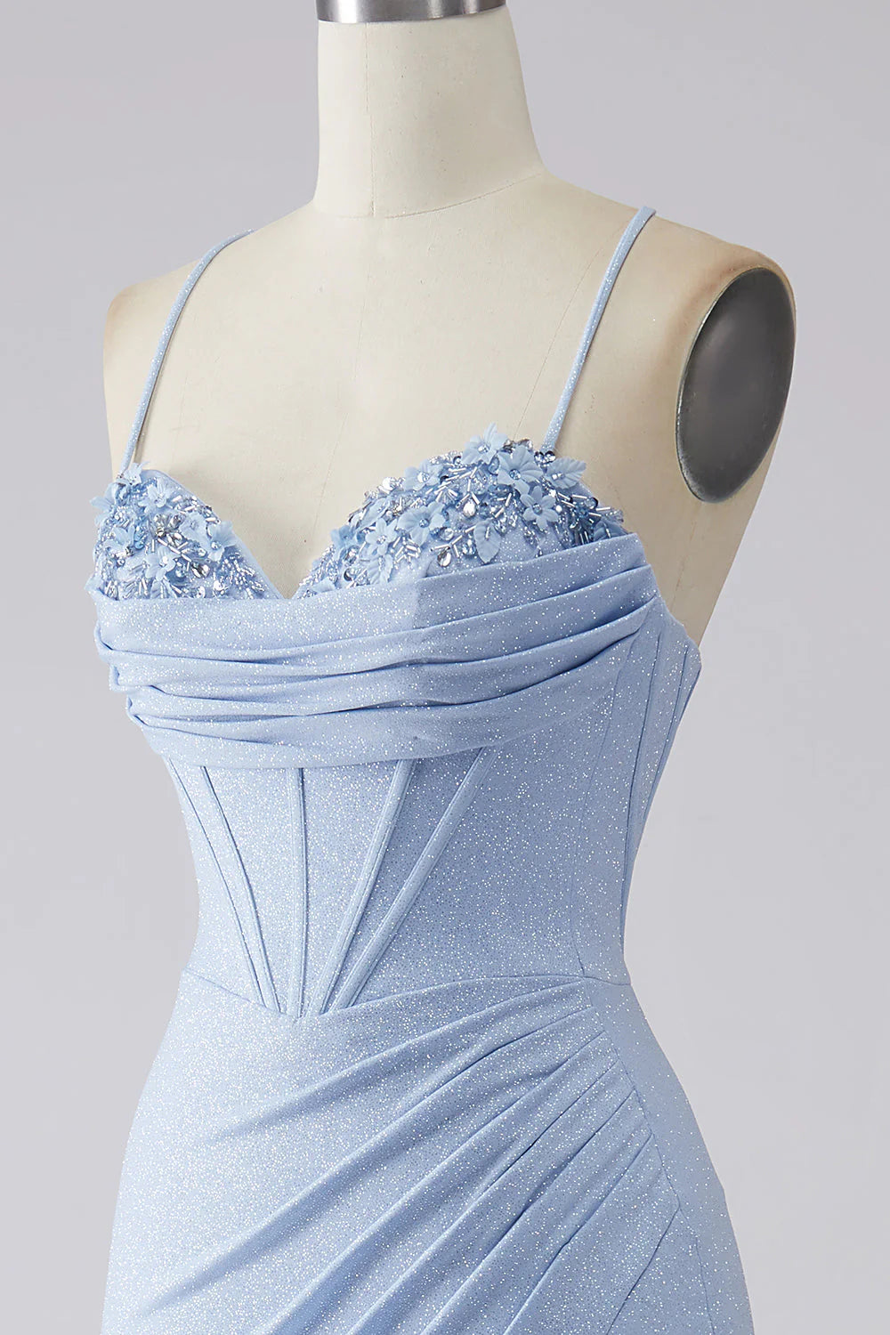 Amzcw Light Blue Sparkly Mermaid Spaghetti Straps Corset Prom Dress with Slit prom dress with long sleeves