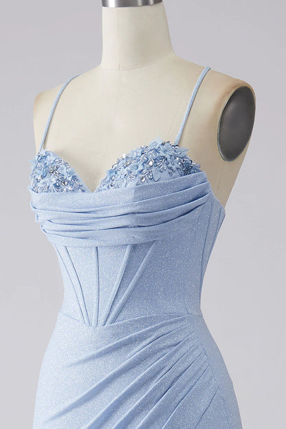 Amzcw Light Blue Sparkly Mermaid Spaghetti Straps Corset Prom Dress with Slit prom dress with long sleeves