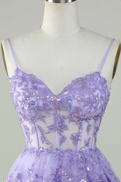 Amzcw Sparkly Purple A Line Spaghetti Straps Tiered Corset Short Homecoming Dress
