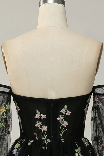 Amzcw Black A-Line Off The Shoulder Prom Dress with Embroidery