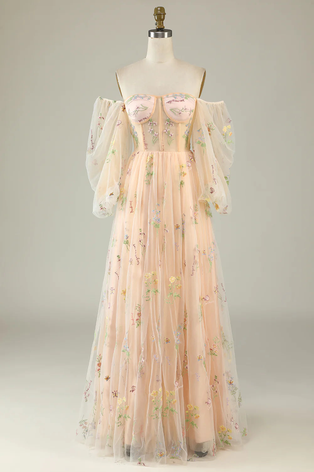 Vestido de fiesta verde de corte A con mangas largas y hombros descubiertos 