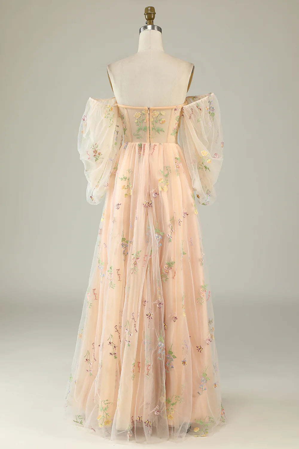 Vestido de fiesta verde de corte A con mangas largas y hombros descubiertos 