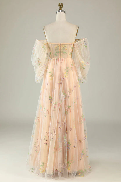 Amzcw Champagne A-Line Off The Shoulder Floor Length Dress With Embroidery prom dresses shops