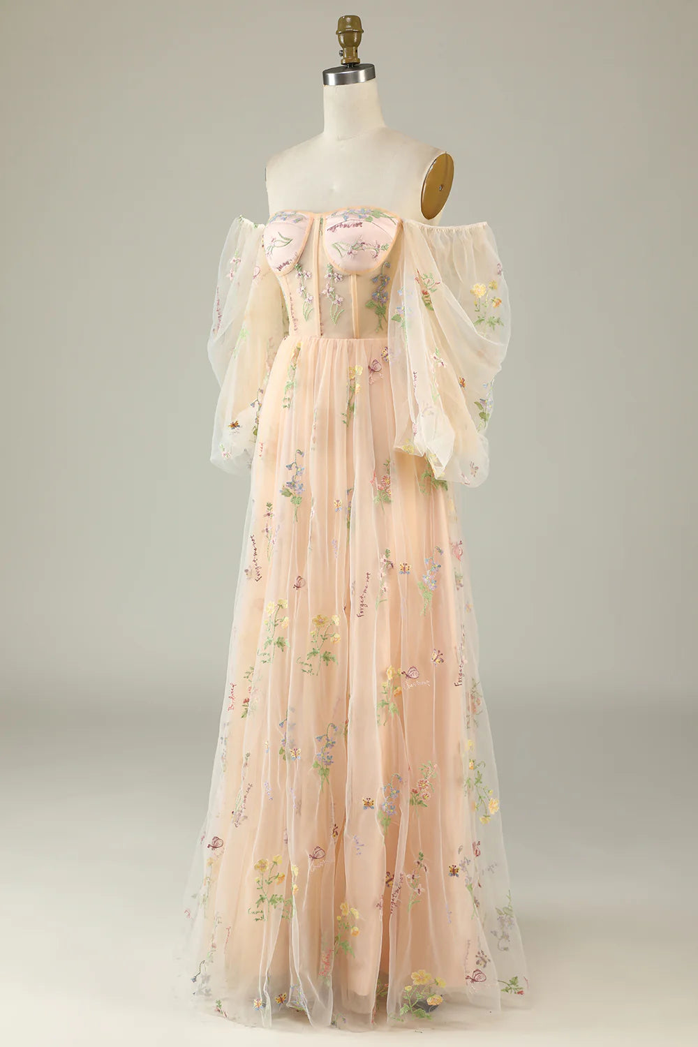 Vestido de fiesta verde de corte A con mangas largas y hombros descubiertos 