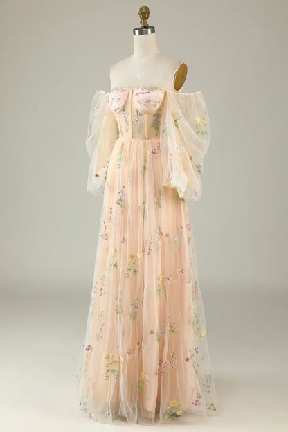 Vestido de fiesta verde de corte A con mangas largas y hombros descubiertos 