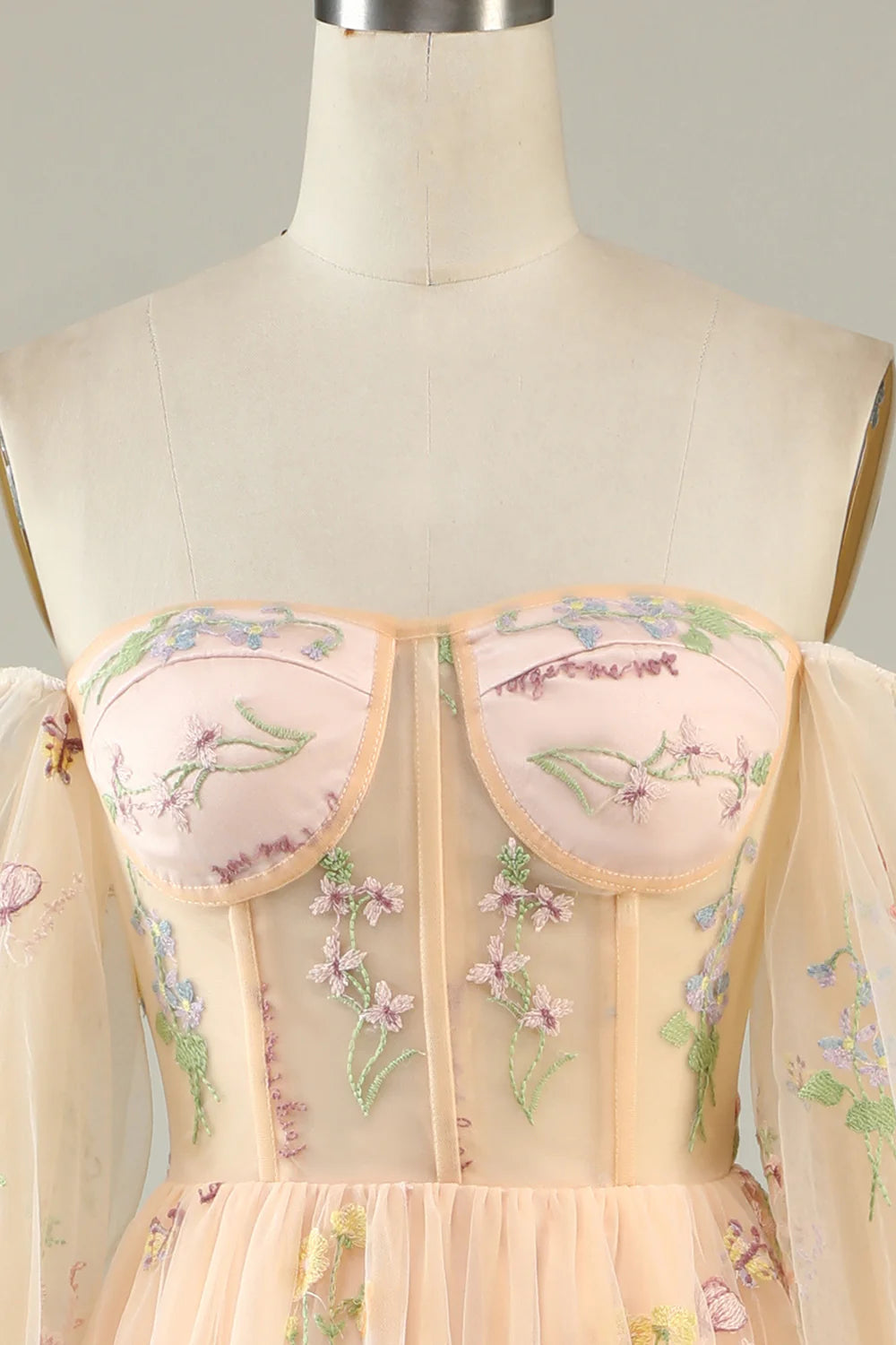 Vestido de fiesta Amzcw de tul color champán con mangas largas y hombros descubiertos y bordado 