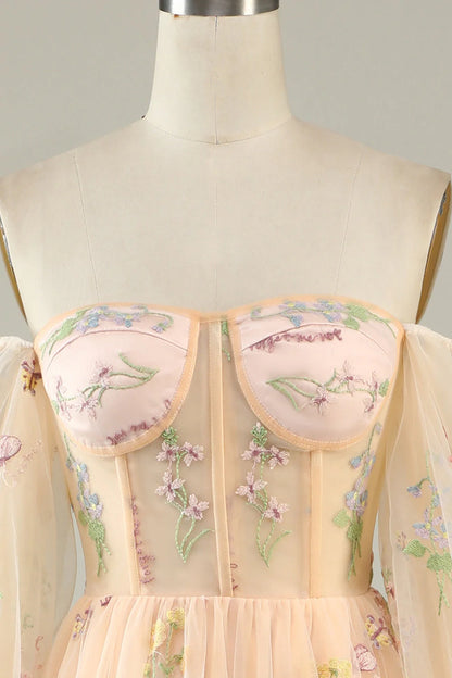 Amzcw Champagne A-Line Off The Shoulder Floor Length Dress With Embroidery prom dresses shops