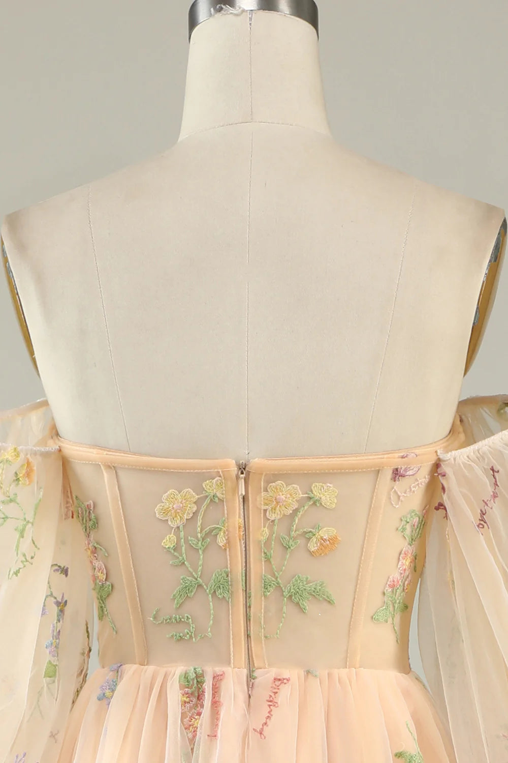 Vestido de fiesta Amzcw de tul color champán con mangas largas y hombros descubiertos y bordado 