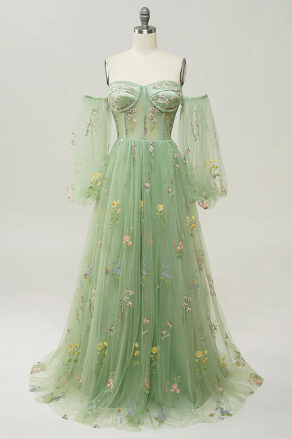 Vestido de fiesta verde de corte A con mangas largas y hombros descubiertos 